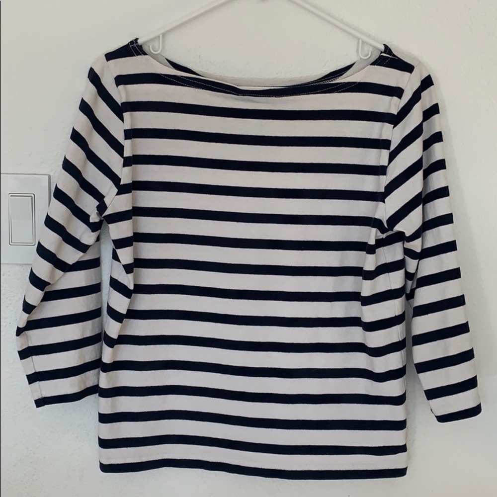Boatneck navy and white striped cotton shirt.